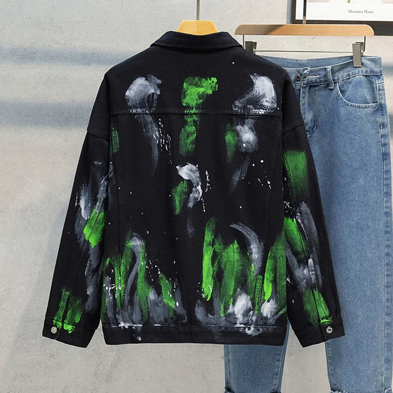 Colored Denim Jacket Print Cotton Mens Fashion Outerwear Oversize Punk Hip Hop Street Wear Vintage Coat 2025