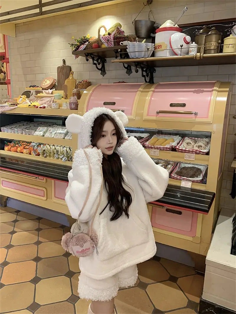 Two-Piece Sweet Style Bear Ears Plush Hooded Sweatshirt Jacket High-Waisted Lace Shorts New Winter Set
