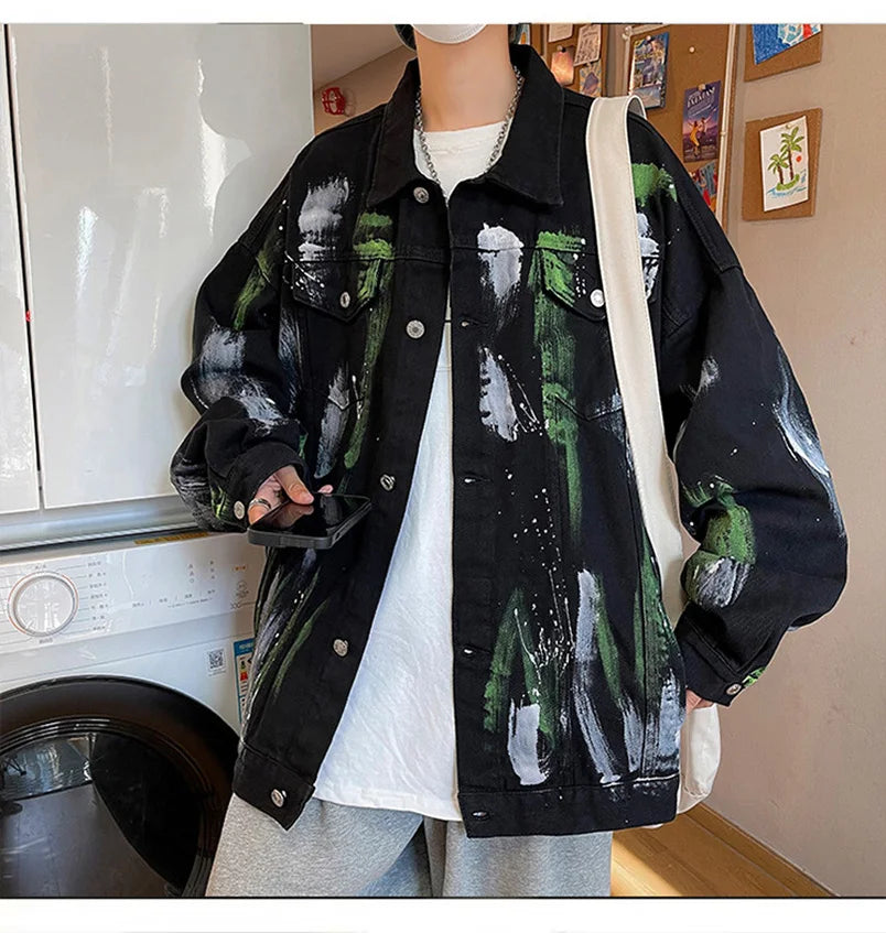 Colored Denim Jacket Print Cotton Mens Fashion Outerwear Oversize Punk Hip Hop Street Wear Vintage Coat 2025
