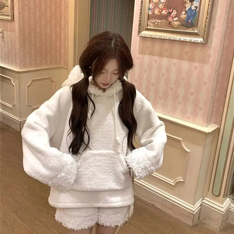 Two-Piece Sweet Style Bear Ears Plush Hooded Sweatshirt Jacket High-Waisted Lace Shorts New Winter Set