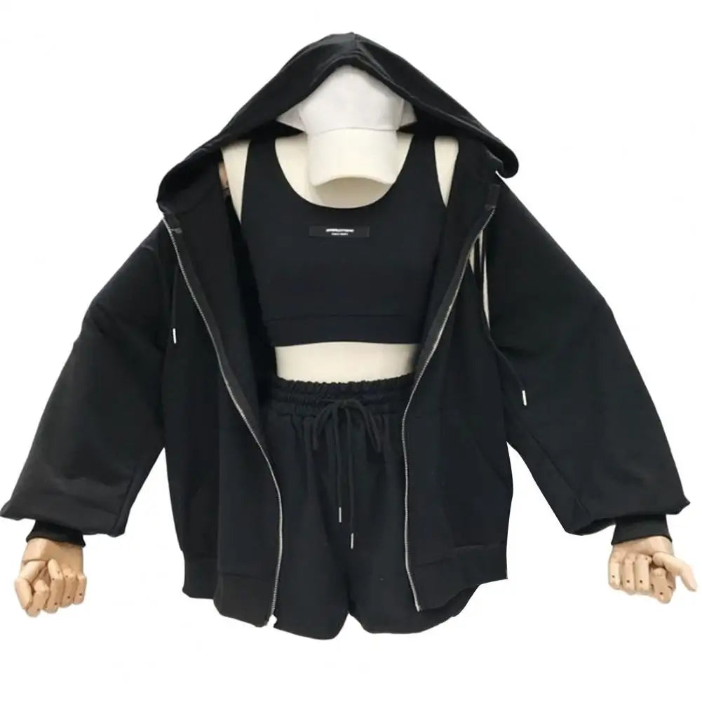 Casual Vest Hoodie Shorts Outfit Set Sweatshirt Shorts Set with Pocket Women Short Jacket Crop Top Shorts 3-piece Activewear Set