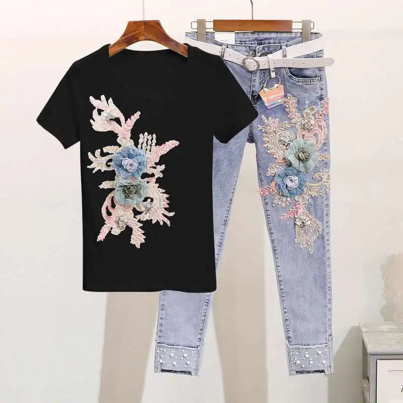 One-Piece/Set 2023 Summer New Women Denim Pants Beaded Embroidery Short-Sleeved + Small Feet Hole Jeans Female Two-Piece Suit