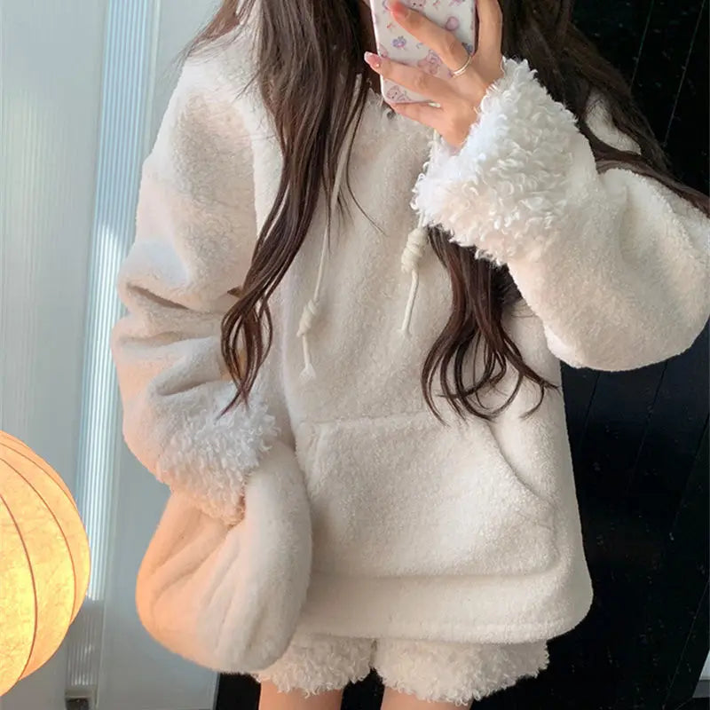 Two-Piece Sweet Style Bear Ears Plush Hooded Sweatshirt Jacket High-Waisted Lace Shorts New Winter Set