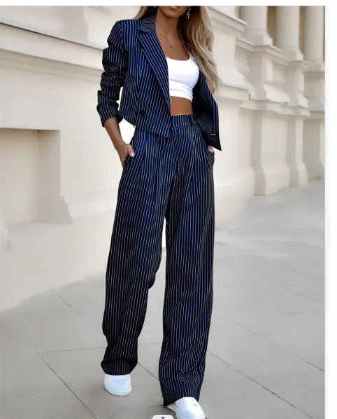 Mandylandy Casual Striped Suits Women Outfits Summer Short Style Lapel Suit Trousers Stripe Blazer Coats Straight-Leg Pants Suit
