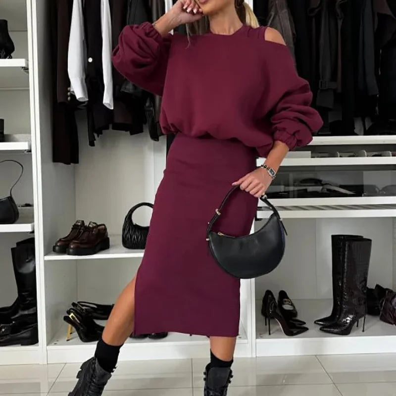 Elegant Female Solid Sweatshirt And Dress Suit Women Casual Loose Tops Dress Outfit 2024 Autumn Ladies Round Neck Two Piece Suit
