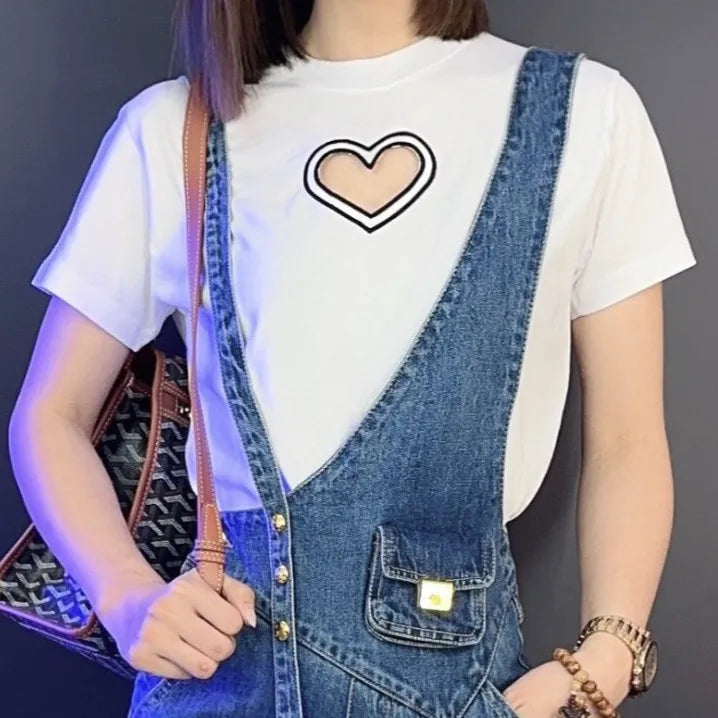 2024 Summer New Suit Women's Fashion Denim Suspender Pants Hollow Love Cotton Short Sleeve T-shirt Unique Two-Piece Set