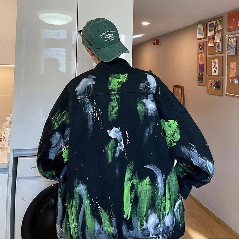Colored Denim Jacket Print Cotton Mens Fashion Outerwear Oversize Punk Hip Hop Street Wear Vintage Coat 2025