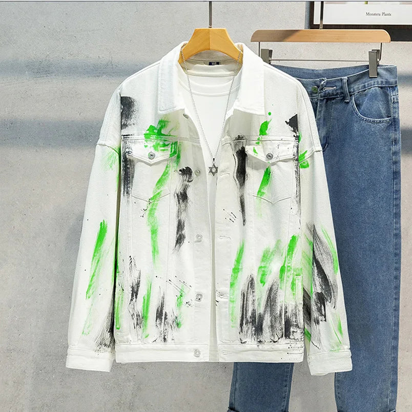 Colored Denim Jacket Print Cotton Mens Fashion Outerwear Oversize Punk Hip Hop Street Wear Vintage Coat 2025