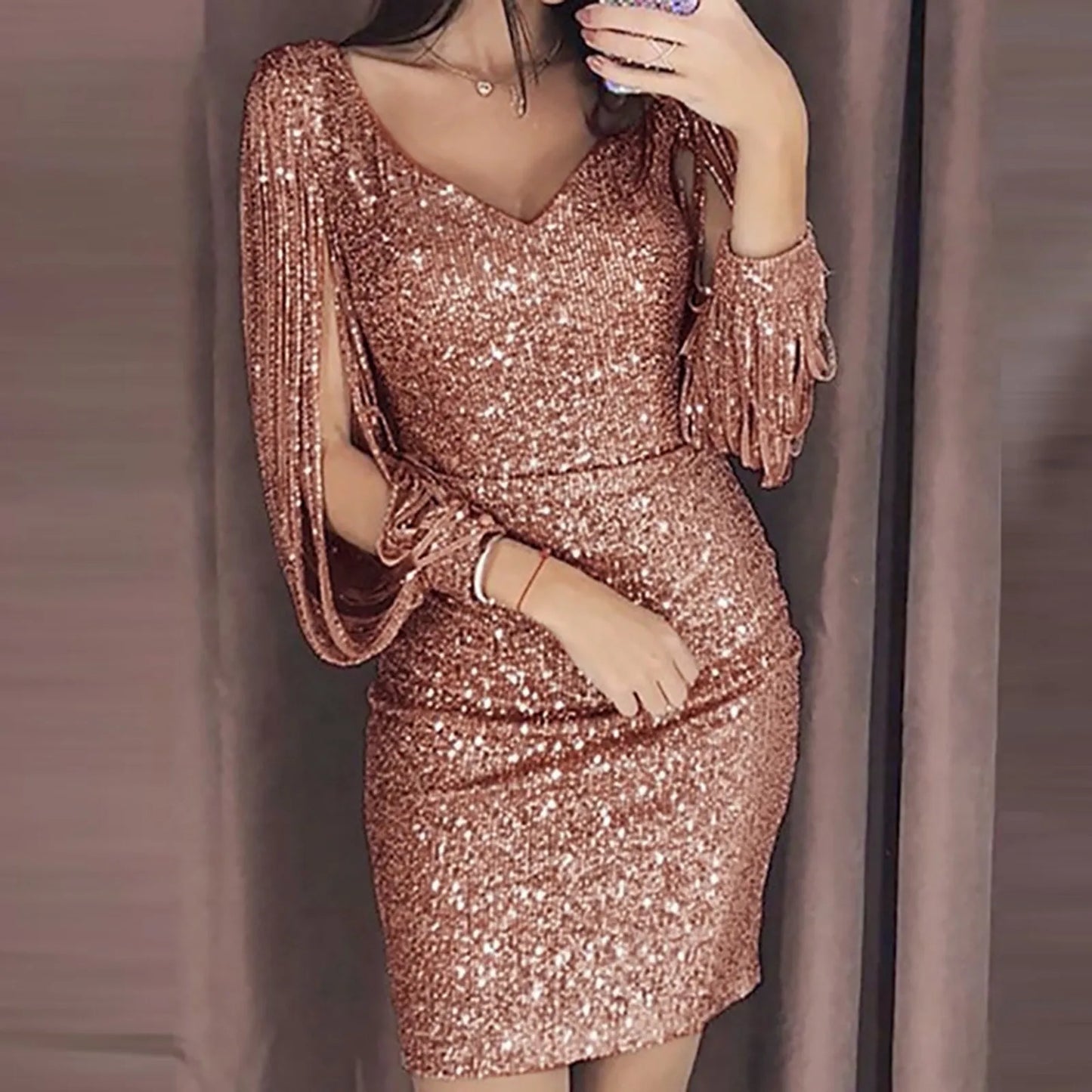 Sexy Women Evening Party Dresses Club Slim Long Sleeved V-neck Mini Dresses for Women Sexy Female New Year Night Dress 2024