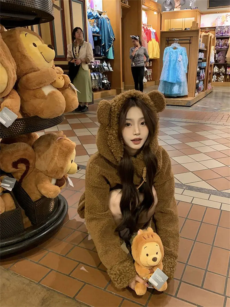 Two-Piece Sweet Style Bear Ears Plush Hooded Sweatshirt Jacket High-Waisted Lace Shorts New Winter Set