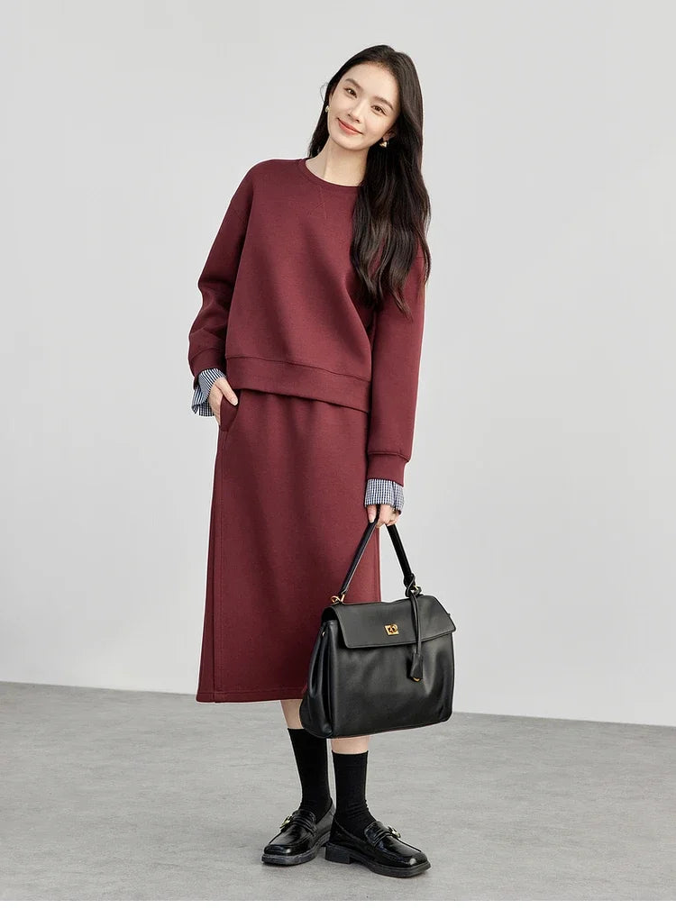 SENTUBILA Cotton 2 Piece Skirt Sets Outfits Patchwork Casual Sweatshirt Solid Straight Slit Skirt New in Matching Sets 151Z58069