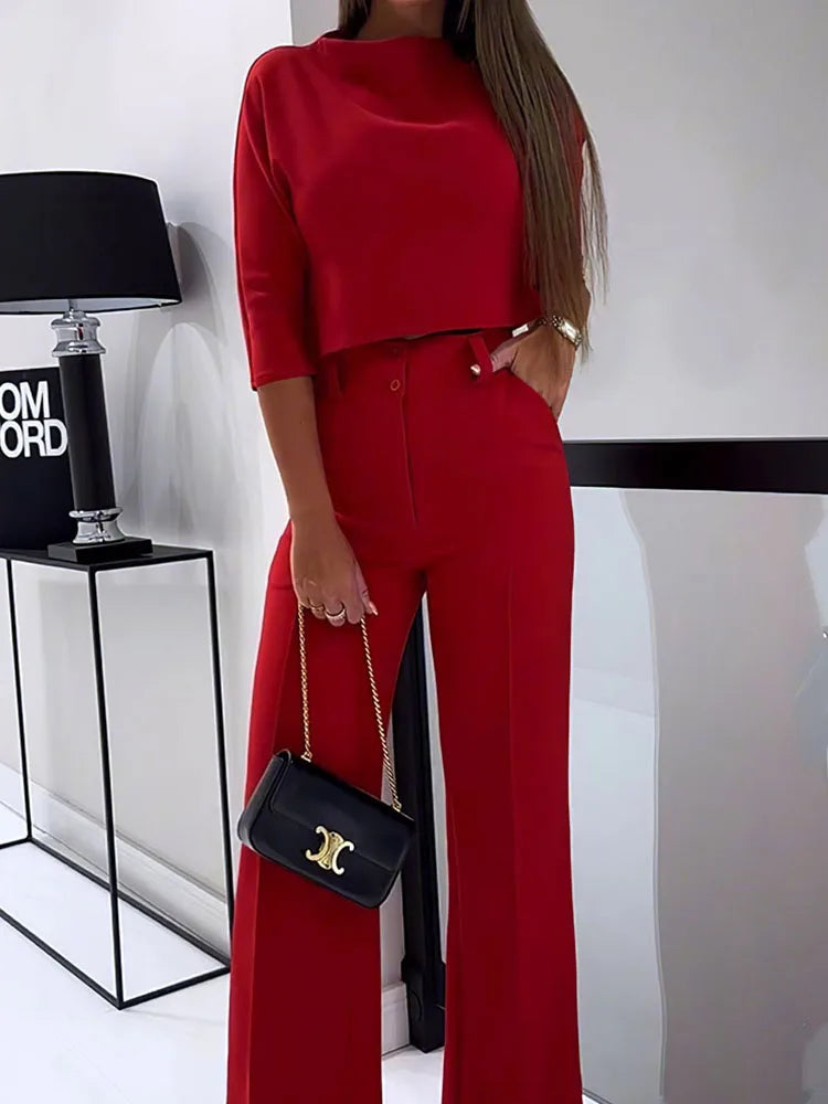 Deioao 2025 2-piece Set Tops And Pants For Women's Office Summer Long Sleeve Red Slim Elegant Fashion Female Clothing Wide Pant