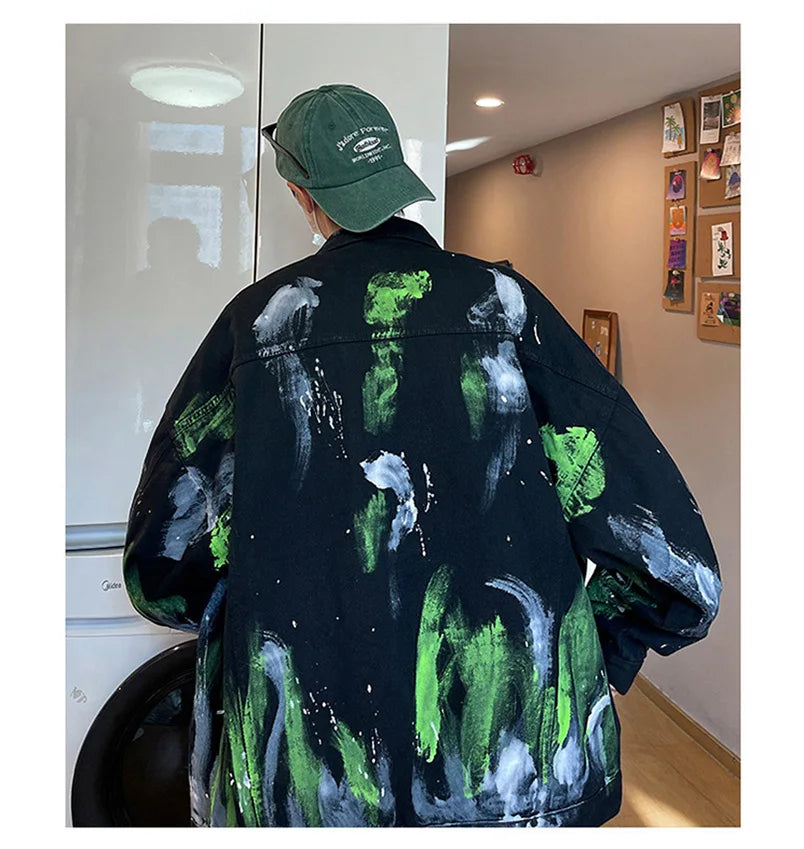 Colored Denim Jacket Print Cotton Mens Fashion Outerwear Oversize Punk Hip Hop Street Wear Vintage Coat 2025