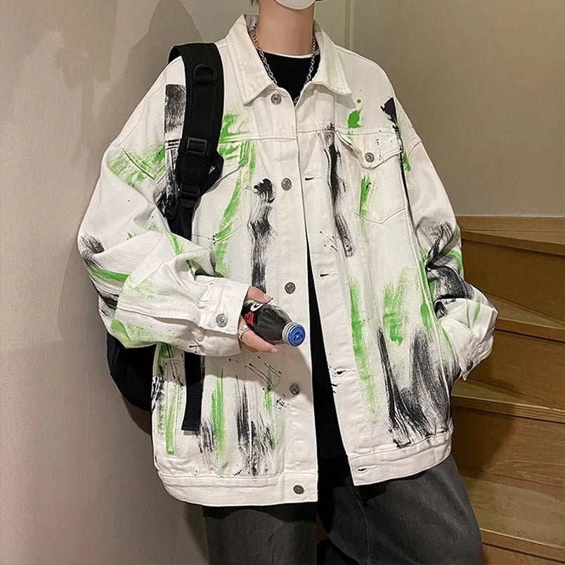 Colored Denim Jacket Print Cotton Mens Fashion Outerwear Oversize Punk Hip Hop Street Wear Vintage Coat 2025