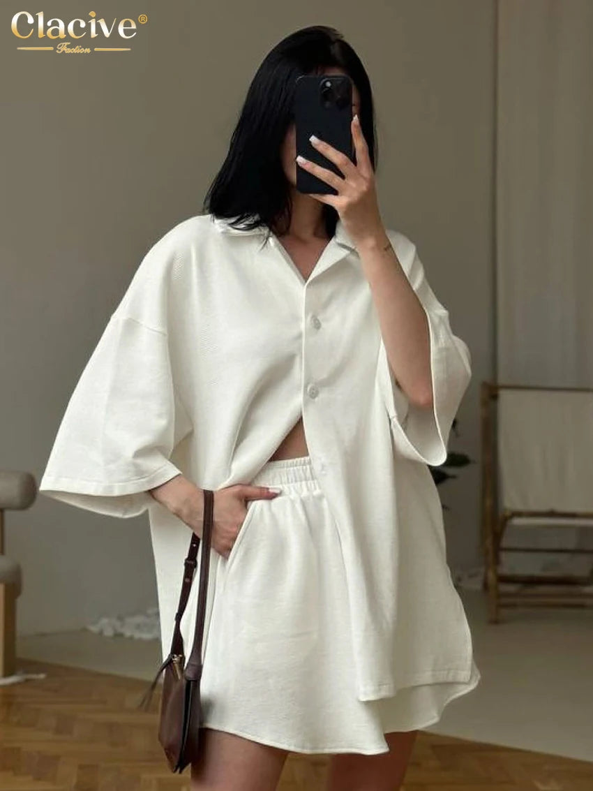 Clacive Fashion Loose Beige 2 Piece Sets Women Outfit 2025 Elegant Long Sleeve Shirt With High Waist Shorts Set Female Clothing