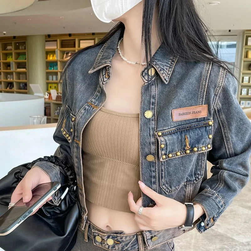Two Piece Women Clothing Denim Pant Sets Spring Autumn Long Sleeve Short Jacket Female Street Fashion Loose Vintage Jeans Suit
