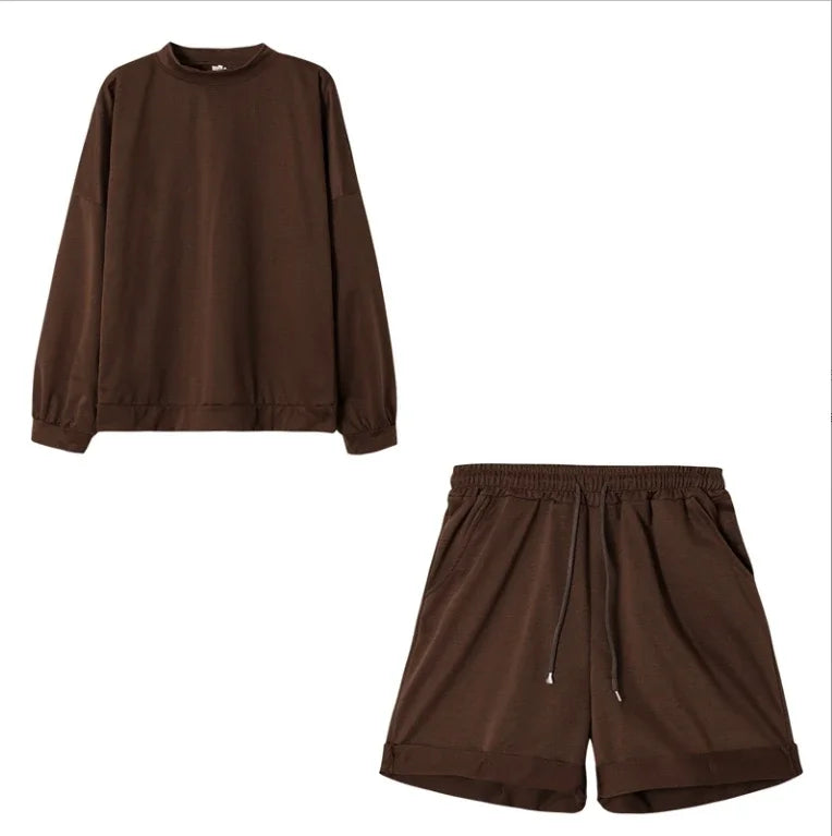 Casual Sweatshirt Suit Solid Loose Sport Suit Woman Lantern Long Sleeve Pullover Drawstring Pleated Shorts Outfits Tracksuits