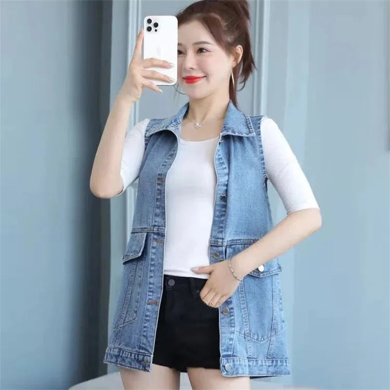 Denim Vest Women Jackets Wear Joker 2025 New Spring Autumn Sleeveless Coat Korean Loose Slim Long Waistcoat Cowboy Jacket Female