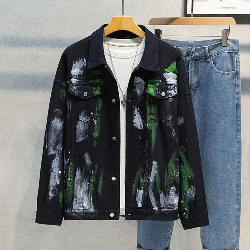 Colored Denim Jacket Print Cotton Mens Fashion Outerwear Oversize Punk Hip Hop Street Wear Vintage Coat 2025