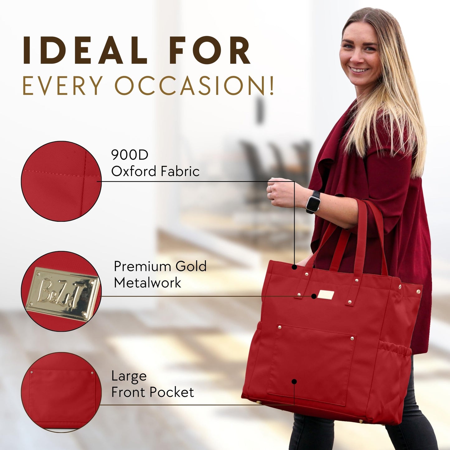 Large Premium Lightweight Spacious Women's Tote| Shoulder Bag| Handbag | Multifunctional| Durable| Sophisticated (Red)