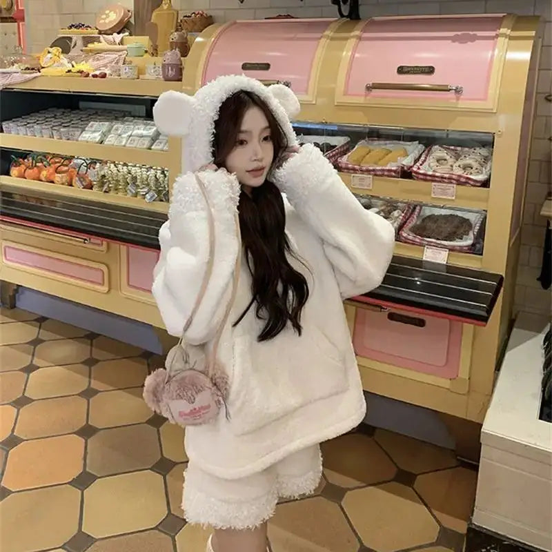 Two-Piece Sweet Style Bear Ears Plush Hooded Sweatshirt Jacket High-Waisted Lace Shorts New Winter Set