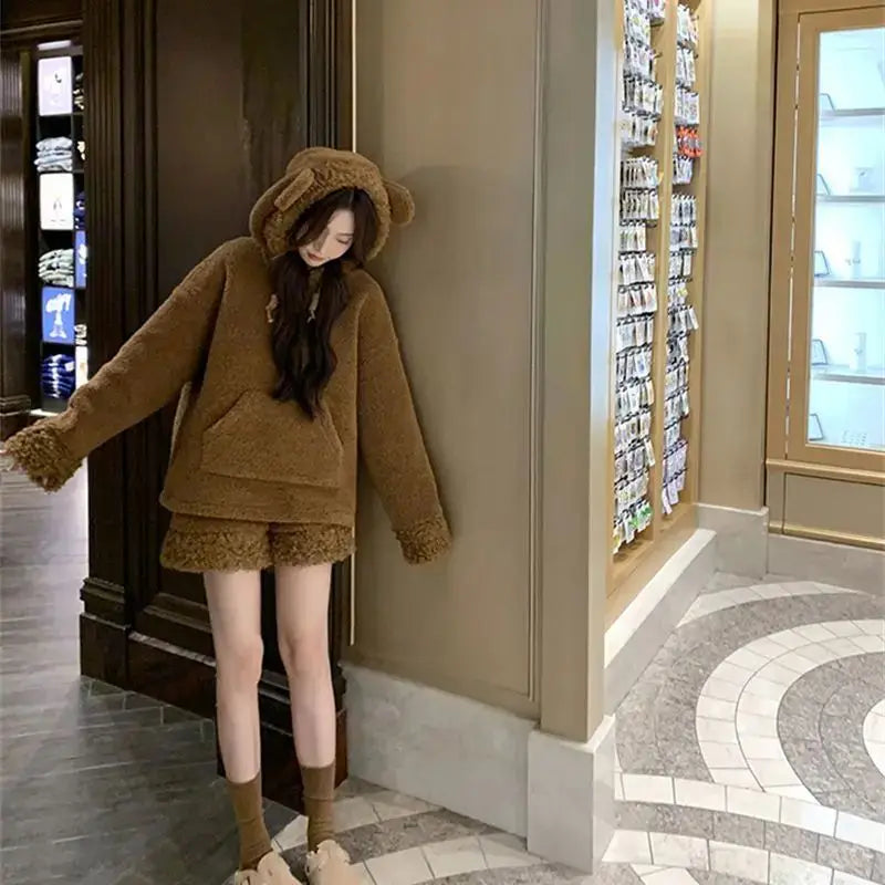 Two-Piece Sweet Style Bear Ears Plush Hooded Sweatshirt Jacket High-Waisted Lace Shorts New Winter Set