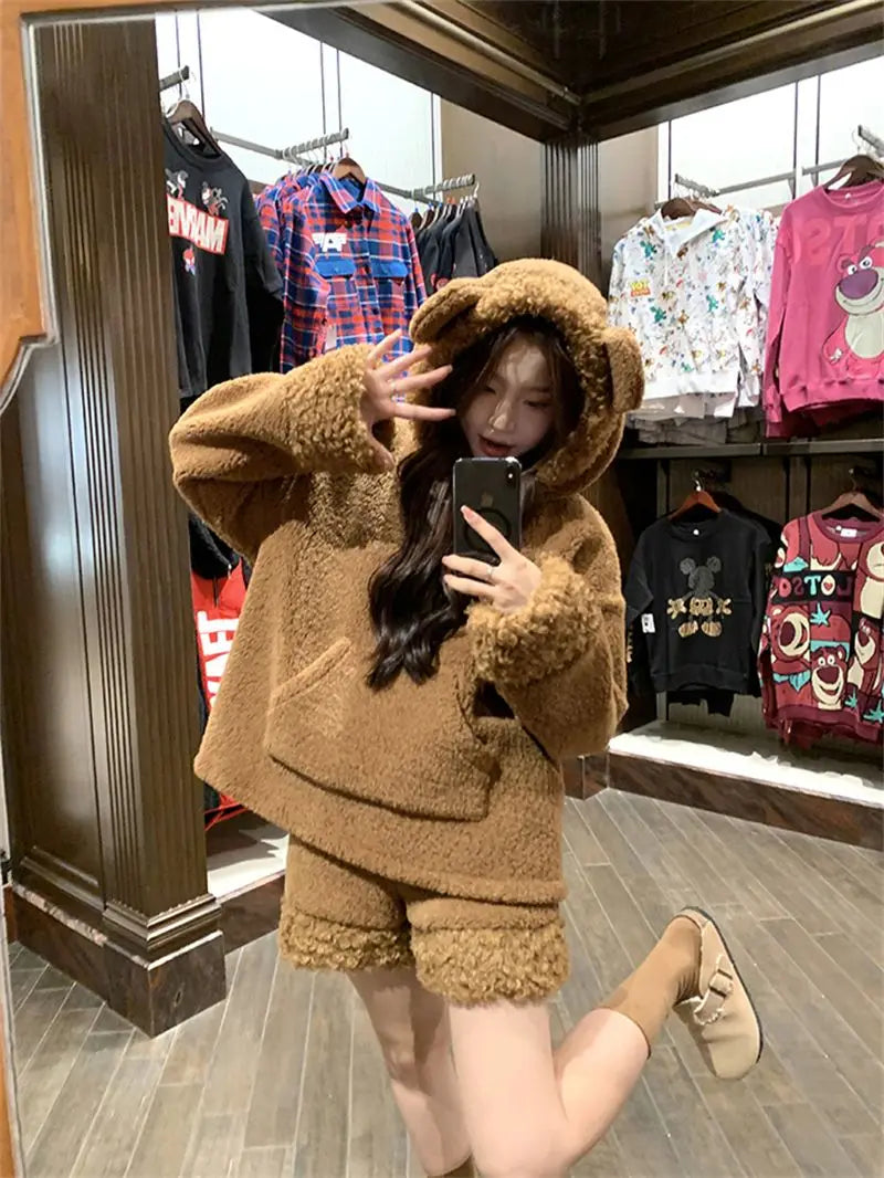 Two-Piece Sweet Style Bear Ears Plush Hooded Sweatshirt Jacket High-Waisted Lace Shorts New Winter Set