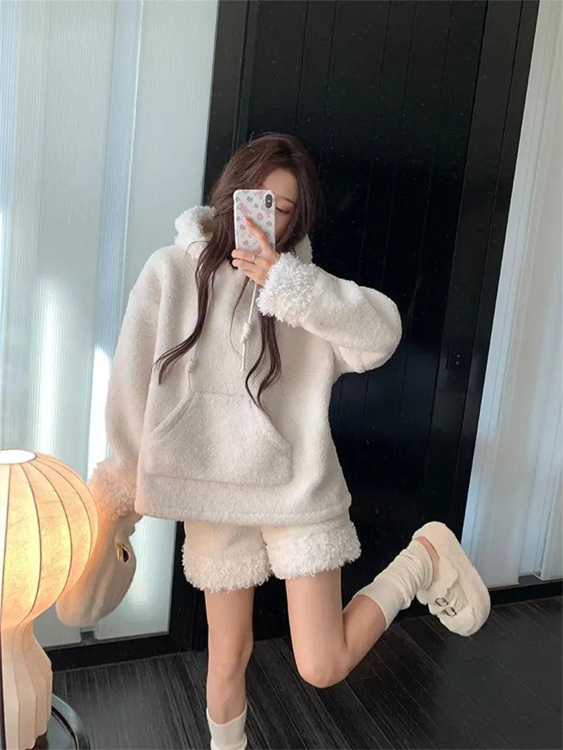 Two-Piece Sweet Style Bear Ears Plush Hooded Sweatshirt Jacket High-Waisted Lace Shorts New Winter Set