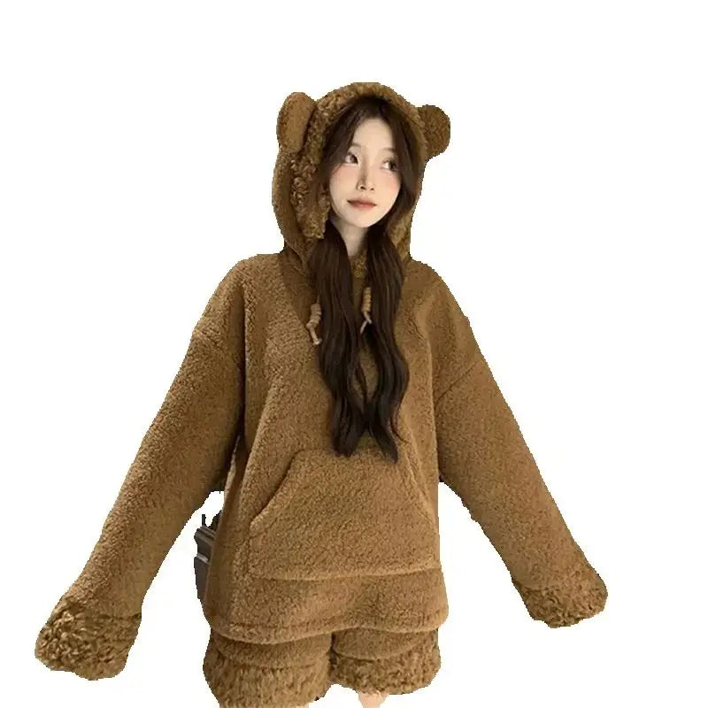 Two-Piece Sweet Style Bear Ears Plush Hooded Sweatshirt Jacket High-Waisted Lace Shorts New Winter Set