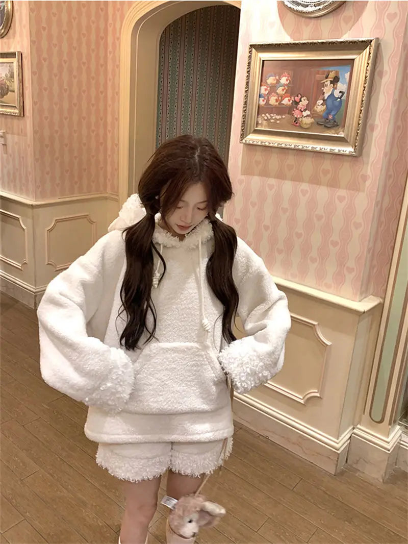 Two-Piece Sweet Style Bear Ears Plush Hooded Sweatshirt Jacket High-Waisted Lace Shorts New Winter Set