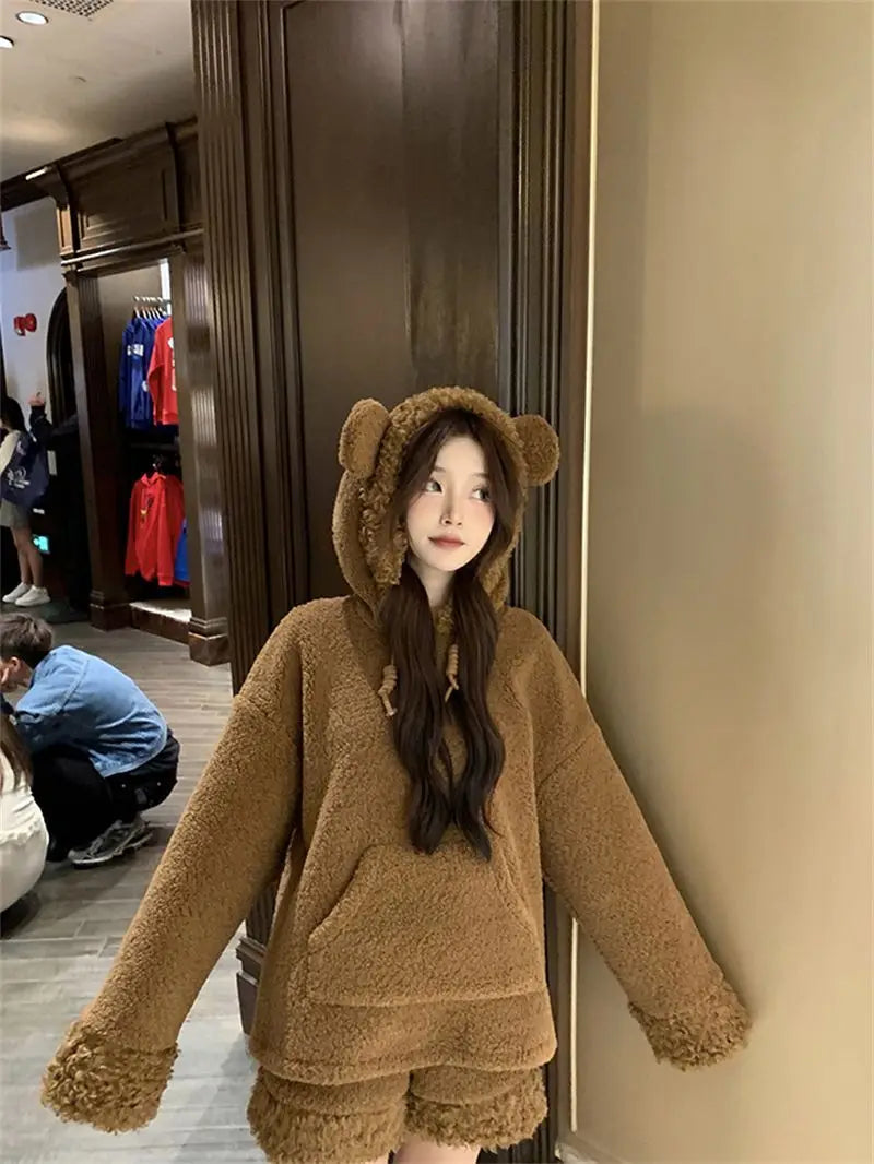 Two-Piece Sweet Style Bear Ears Plush Hooded Sweatshirt Jacket High-Waisted Lace Shorts New Winter Set