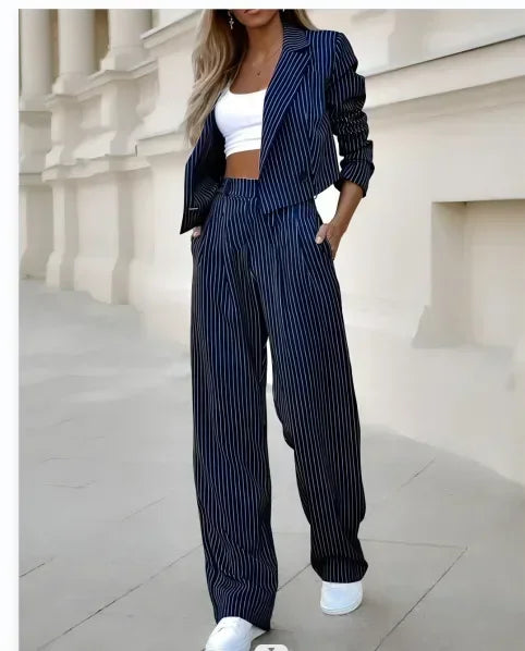 Mandylandy Casual Striped Suits Women Outfits Summer Short Style Lapel Suit Trousers Stripe Blazer Coats Straight-Leg Pants Suit