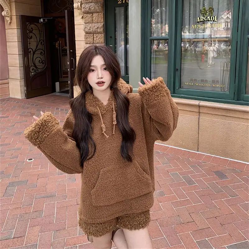 Two-Piece Sweet Style Bear Ears Plush Hooded Sweatshirt Jacket High-Waisted Lace Shorts New Winter Set