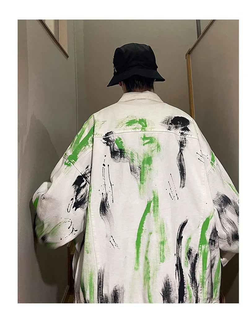 Colored Denim Jacket Print Cotton Mens Fashion Outerwear Oversize Punk Hip Hop Street Wear Vintage Coat 2025