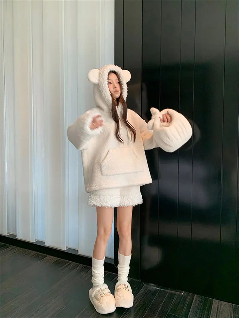 Two-Piece Sweet Style Bear Ears Plush Hooded Sweatshirt Jacket High-Waisted Lace Shorts New Winter Set
