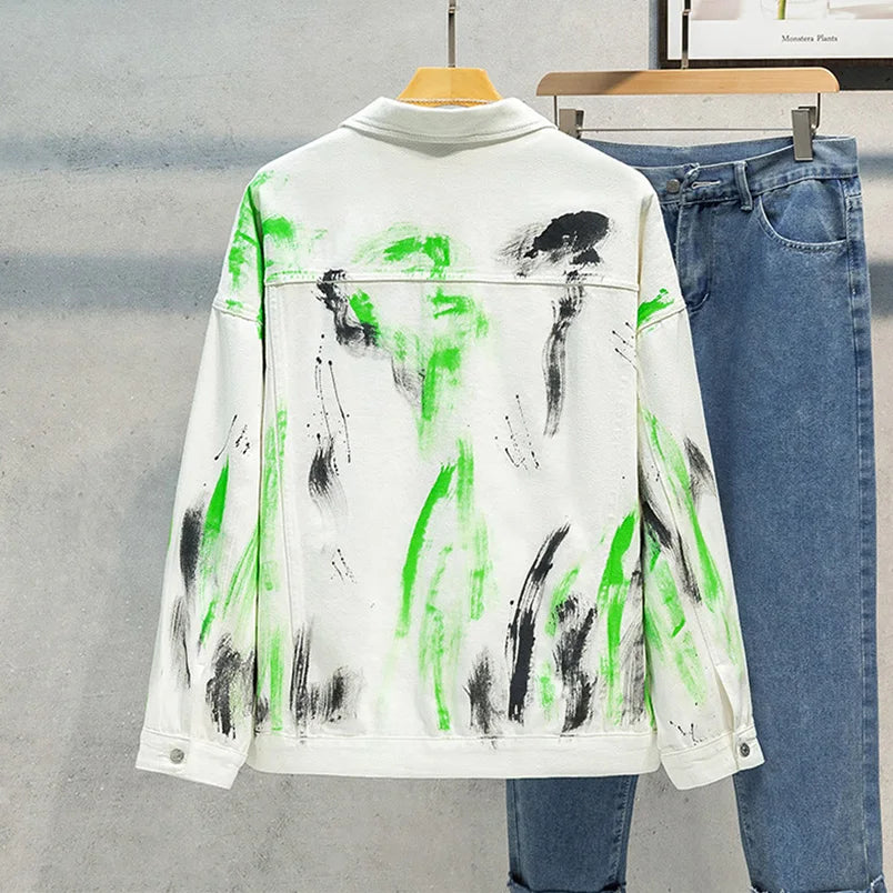 Colored Denim Jacket Print Cotton Mens Fashion Outerwear Oversize Punk Hip Hop Street Wear Vintage Coat 2025