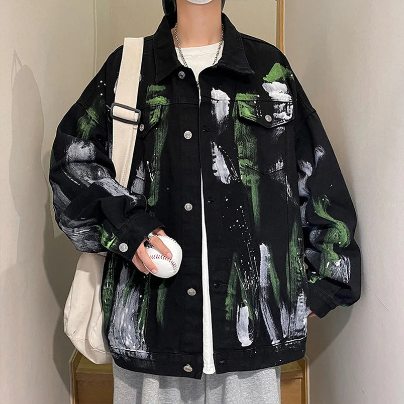 Colored Denim Jacket Print Cotton Mens Fashion Outerwear Oversize Punk Hip Hop Street Wear Vintage Coat 2025