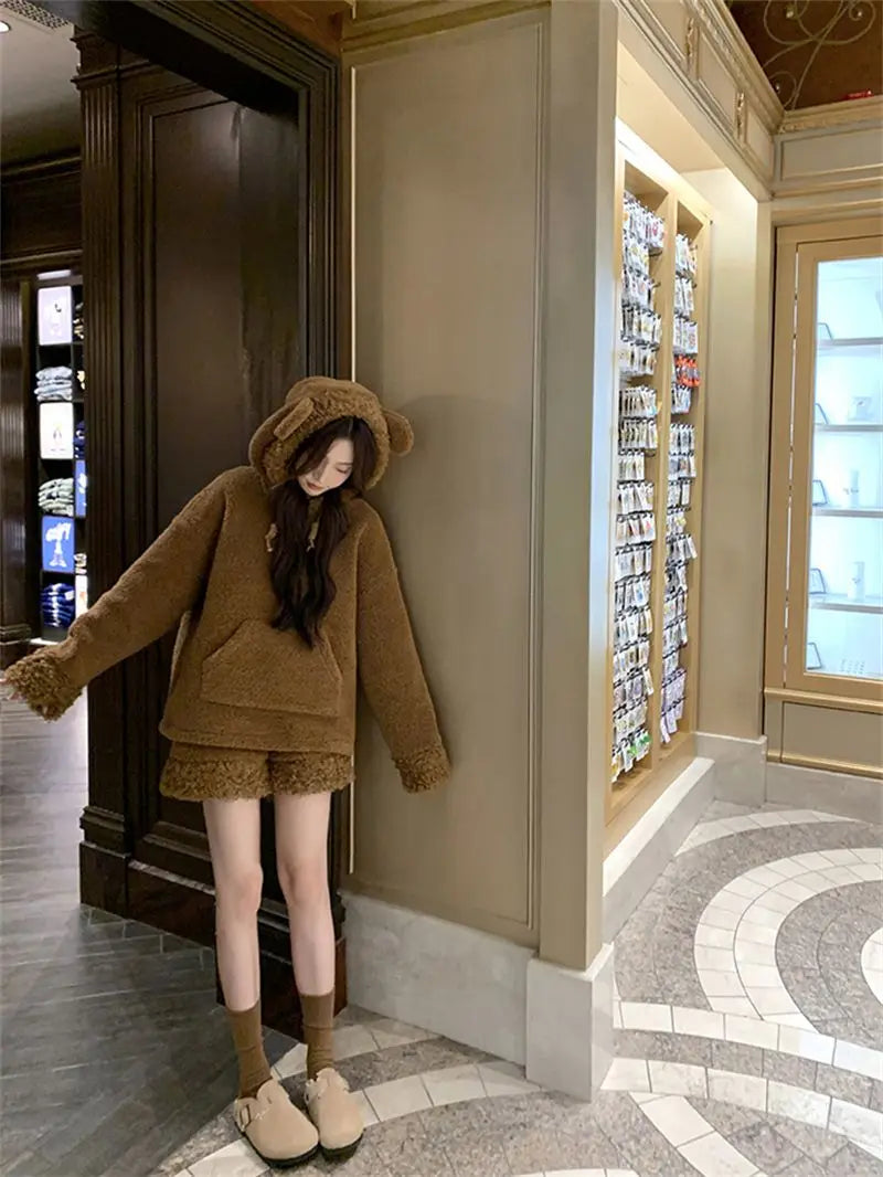 Two-Piece Sweet Style Bear Ears Plush Hooded Sweatshirt Jacket High-Waisted Lace Shorts New Winter Set