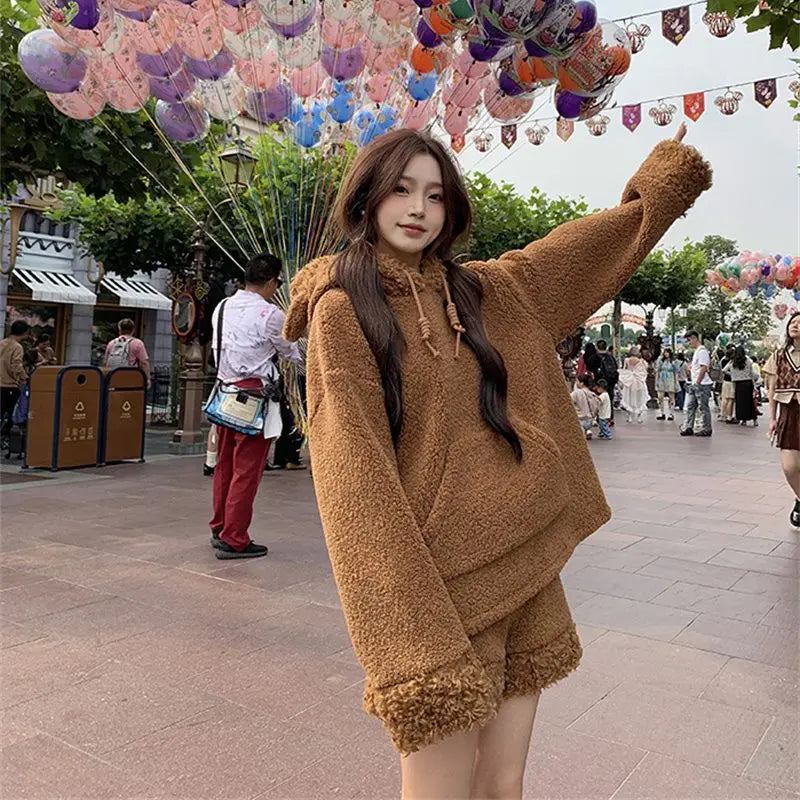 Two-Piece Sweet Style Bear Ears Plush Hooded Sweatshirt Jacket High-Waisted Lace Shorts New Winter Set