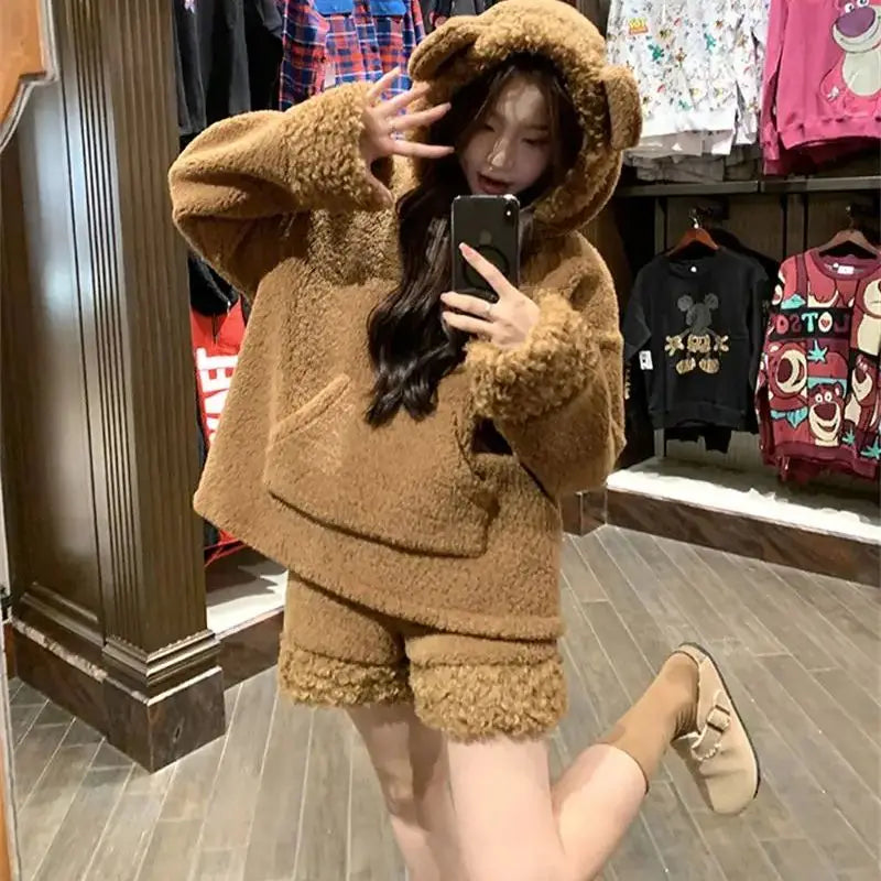 Two-Piece Sweet Style Bear Ears Plush Hooded Sweatshirt Jacket High-Waisted Lace Shorts New Winter Set