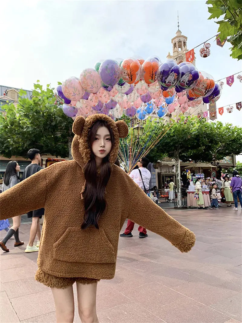 Two-Piece Sweet Style Bear Ears Plush Hooded Sweatshirt Jacket High-Waisted Lace Shorts New Winter Set