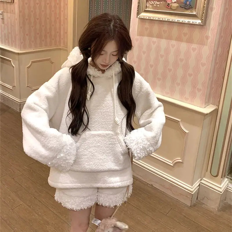 Two-Piece Sweet Style Bear Ears Plush Hooded Sweatshirt Jacket High-Waisted Lace Shorts New Winter Set