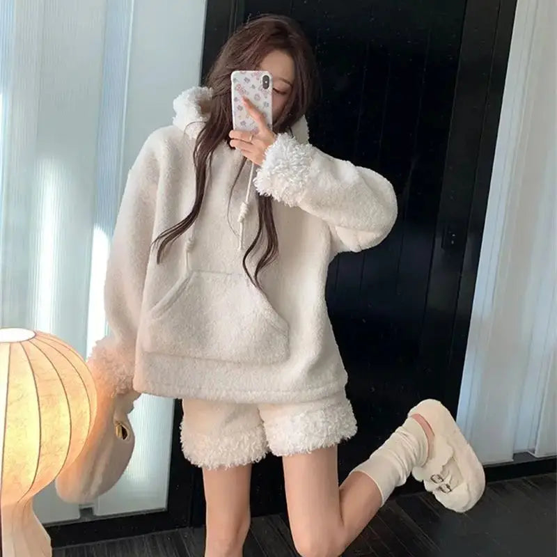 Two-Piece Sweet Style Bear Ears Plush Hooded Sweatshirt Jacket High-Waisted Lace Shorts New Winter Set