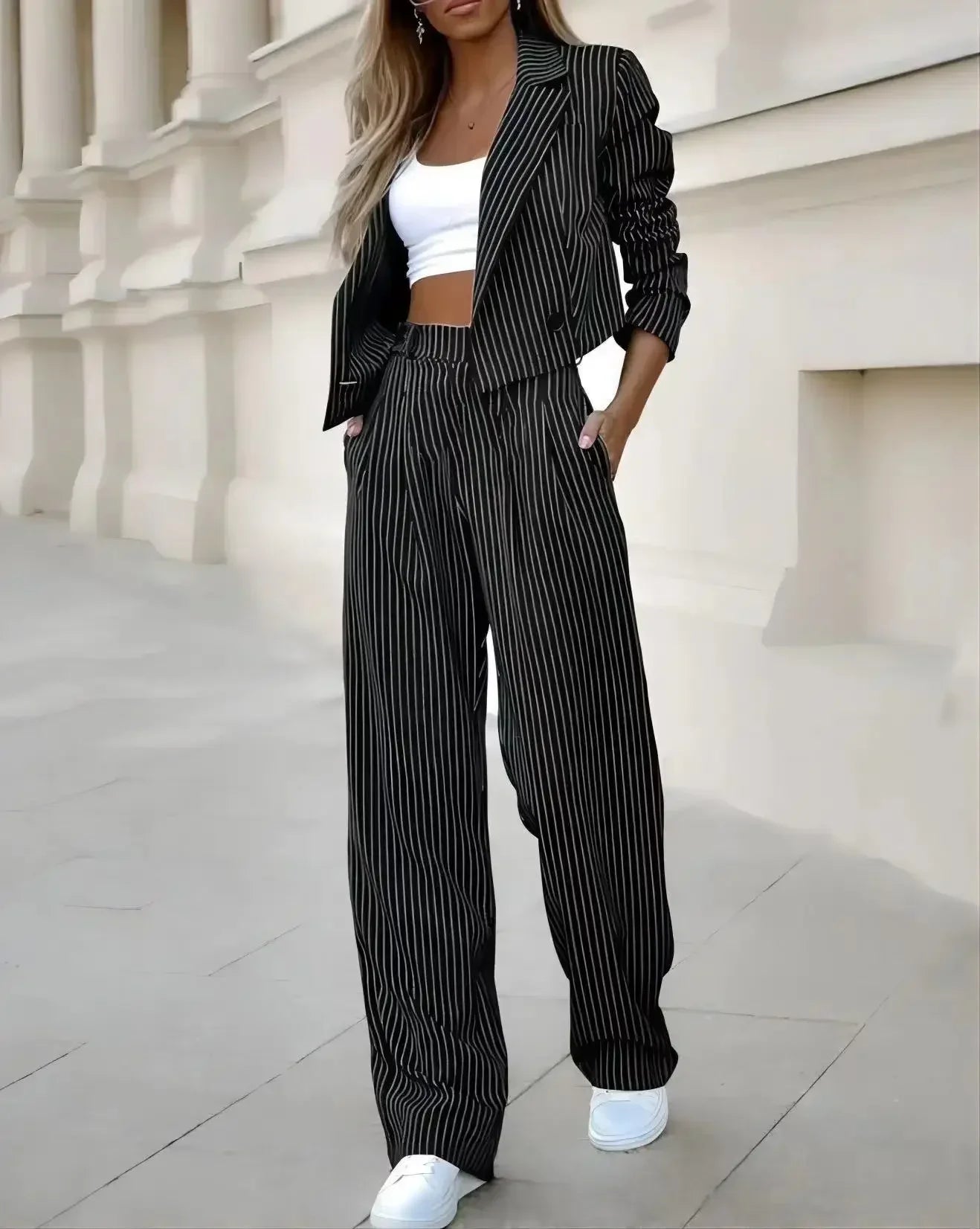 Mandylandy Casual Striped Suits Women Outfits Summer Short Style Lapel Suit Trousers Stripe Blazer Coats Straight-Leg Pants Suit